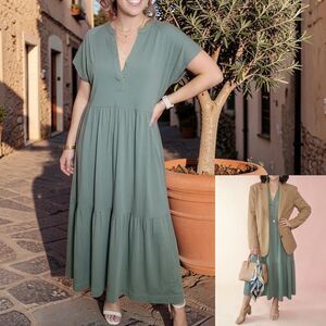 ME+EM Olive Green V-Neck Tiered Airy Boho Dress